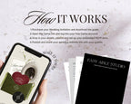 How it works — purchase, edit in Canva, and share your olive green save the date website link with guests.