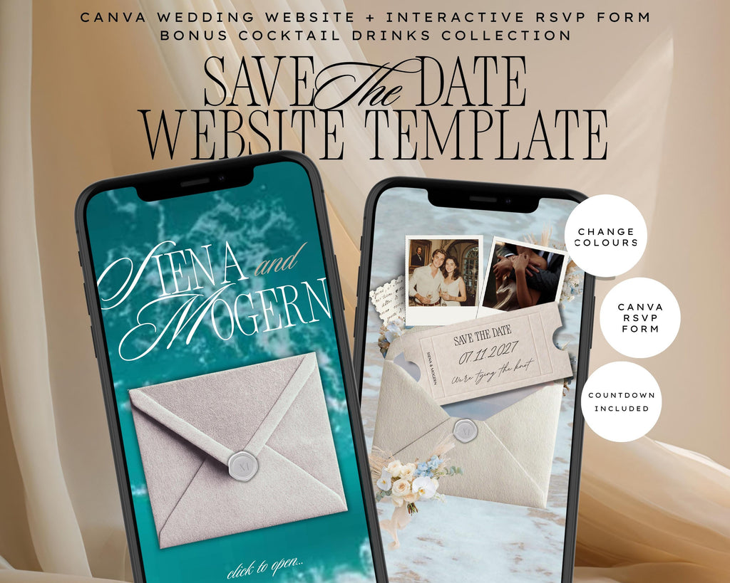 Emerald Coast save the date website template shown on two phones, with the beach envelope invitation, couple photos, a save-the-date ticket, and built-in RSVP.