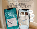 Emerald Coast save the date website template shown on two phones, with the beach envelope invitation, couple photos, a save-the-date ticket, and built-in RSVP.