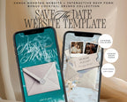 Emerald Coast save the date website template shown on two phones, with the beach envelope invitation, couple photos, a save-the-date ticket, and built-in RSVP.