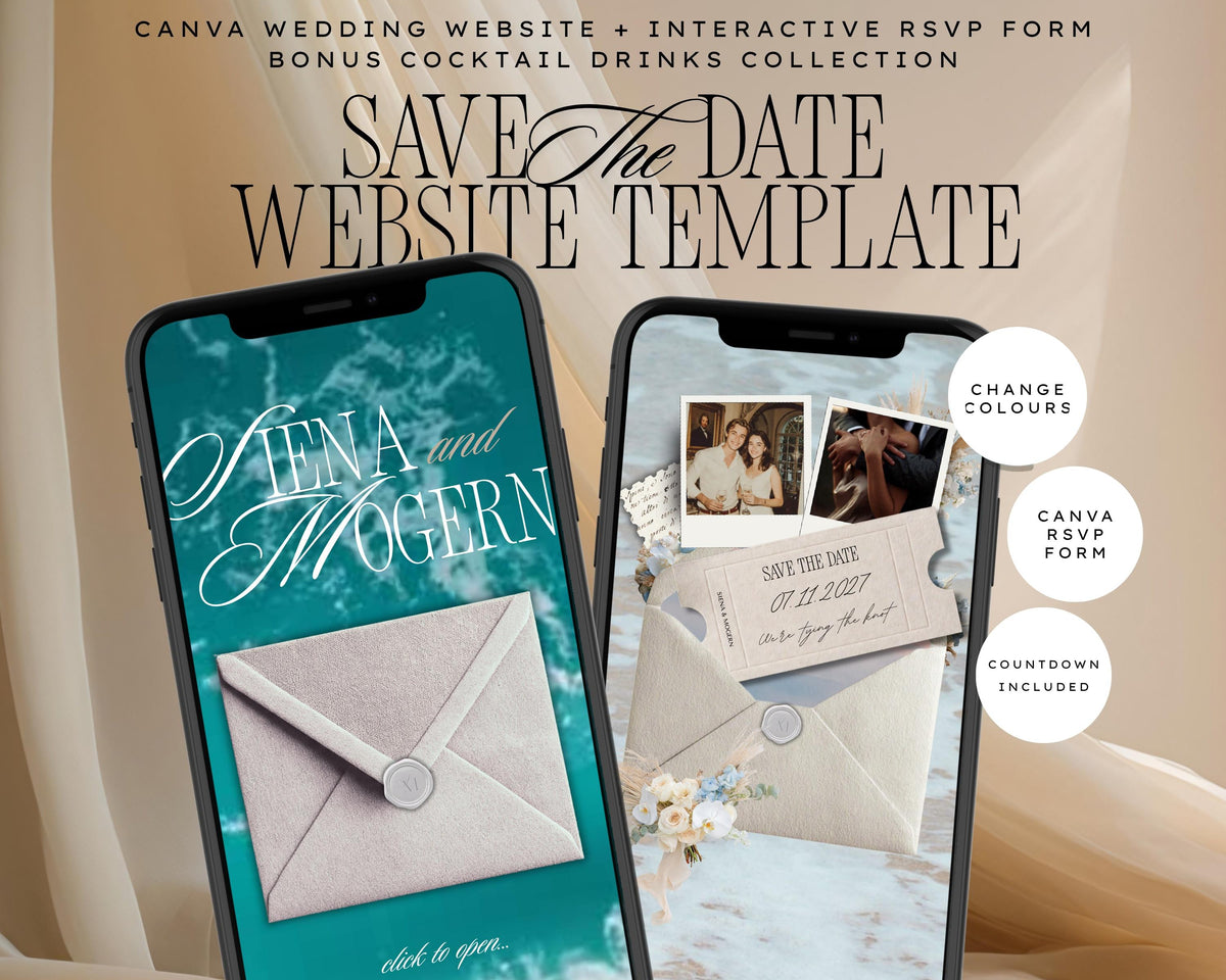 Emerald Coast save the date website template shown on two phones, with the beach envelope invitation, couple photos, a save-the-date ticket, and built-in RSVP.