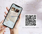 Hand holding a phone showing the save the date website, with a QR code to preview it on another device.