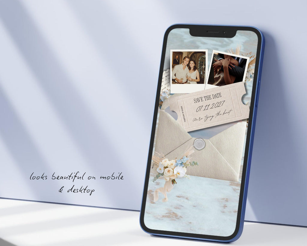 Save the date website template on a standing phone, looking beautiful on both mobile and desktop.