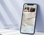 Save the date website template on a standing phone, looking beautiful on both mobile and desktop.