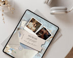 Coastal save the date website template on a tablet in a flat-lay styled with dried florals.