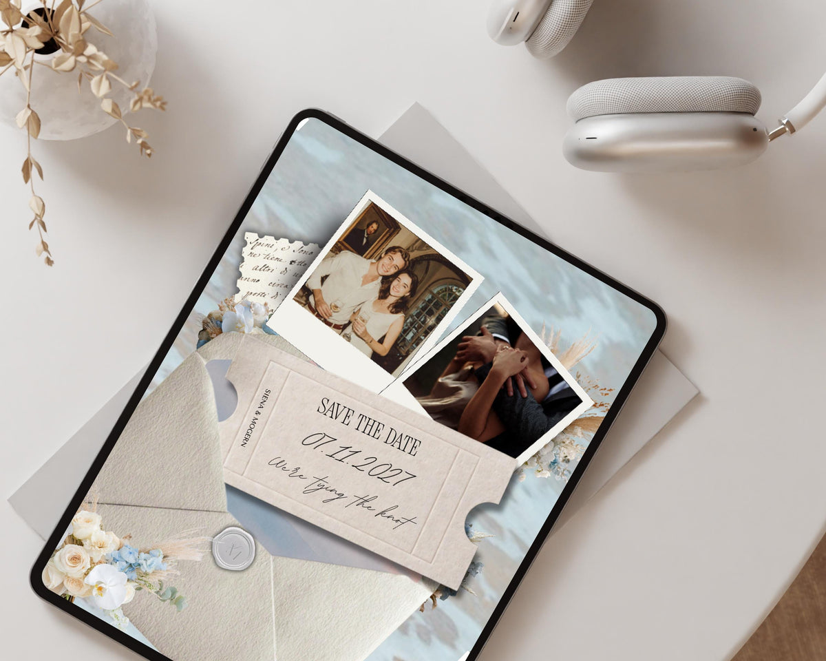 Coastal save the date website template on a tablet in a flat-lay styled with dried florals.