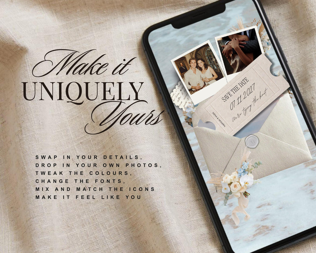 Editable save the date website template on a phone, swap in your details and photos, change the colors and fonts.