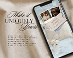 Editable save the date website template on a phone, swap in your details and photos, change the colors and fonts.