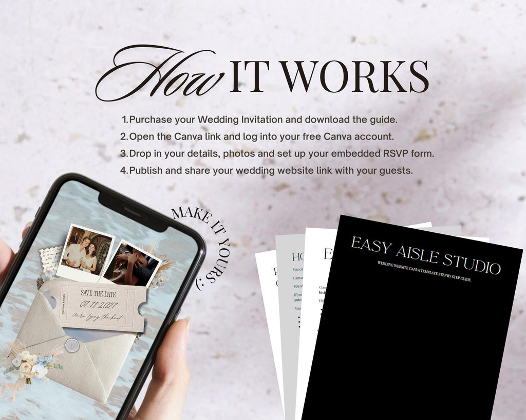 Publish your save the date website for free with a Canva web link, shown on a desktop computer.