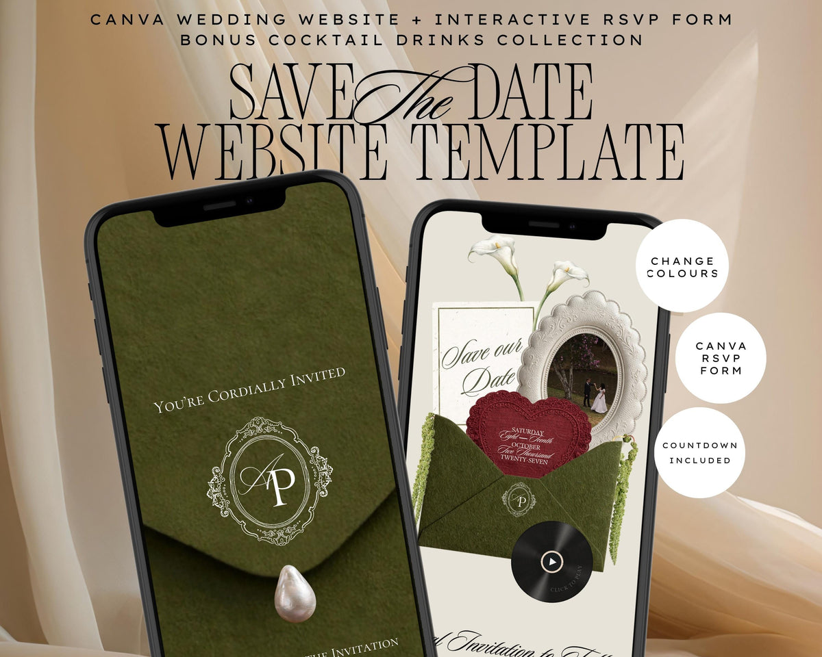 Olive Green Classical save the date website template shown on two phones — the olive velvet envelope with a monogram crest, and the opened invitation with a live countdown and built-in RSVP.