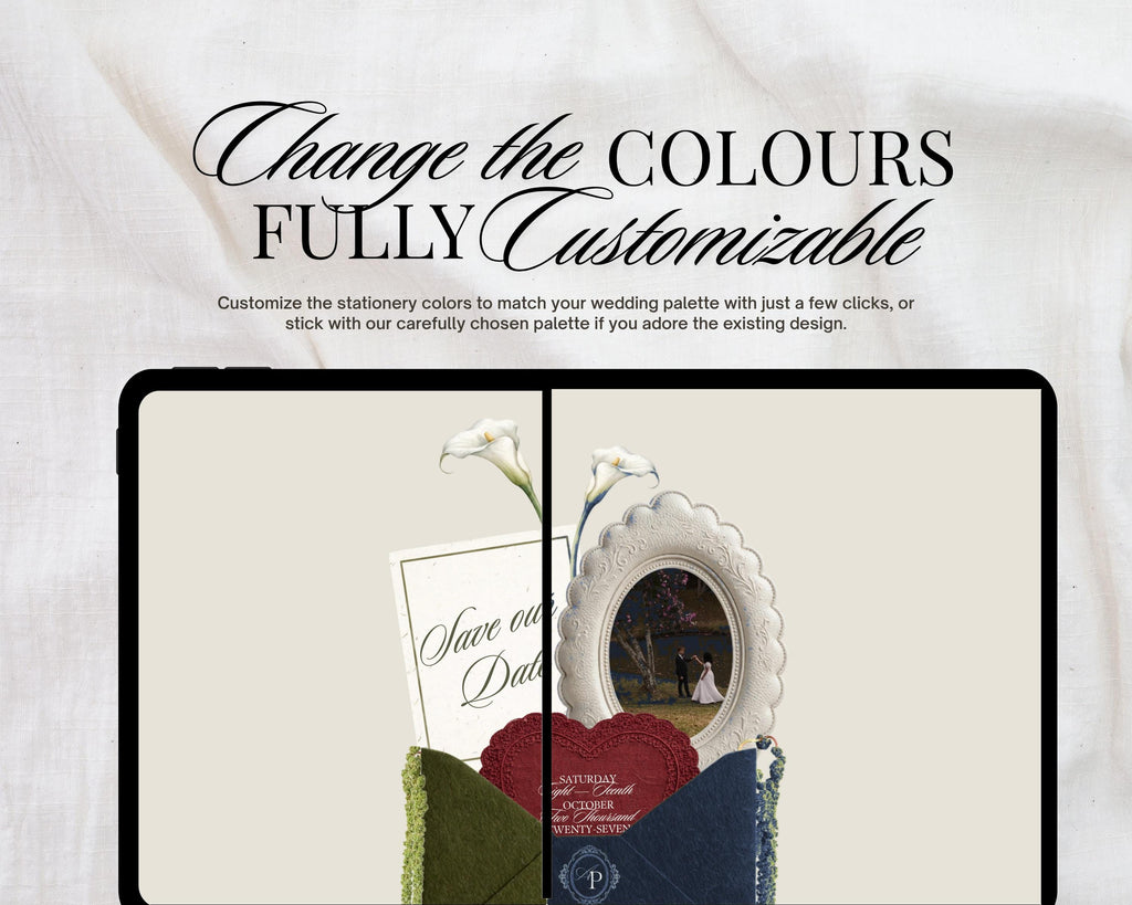 Change the colours — the same save the date design shown in two colourways, olive green and navy, split across one tablet screen.