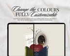 Change the colours — the same save the date design shown in two colourways, olive green and navy, split across one tablet screen.