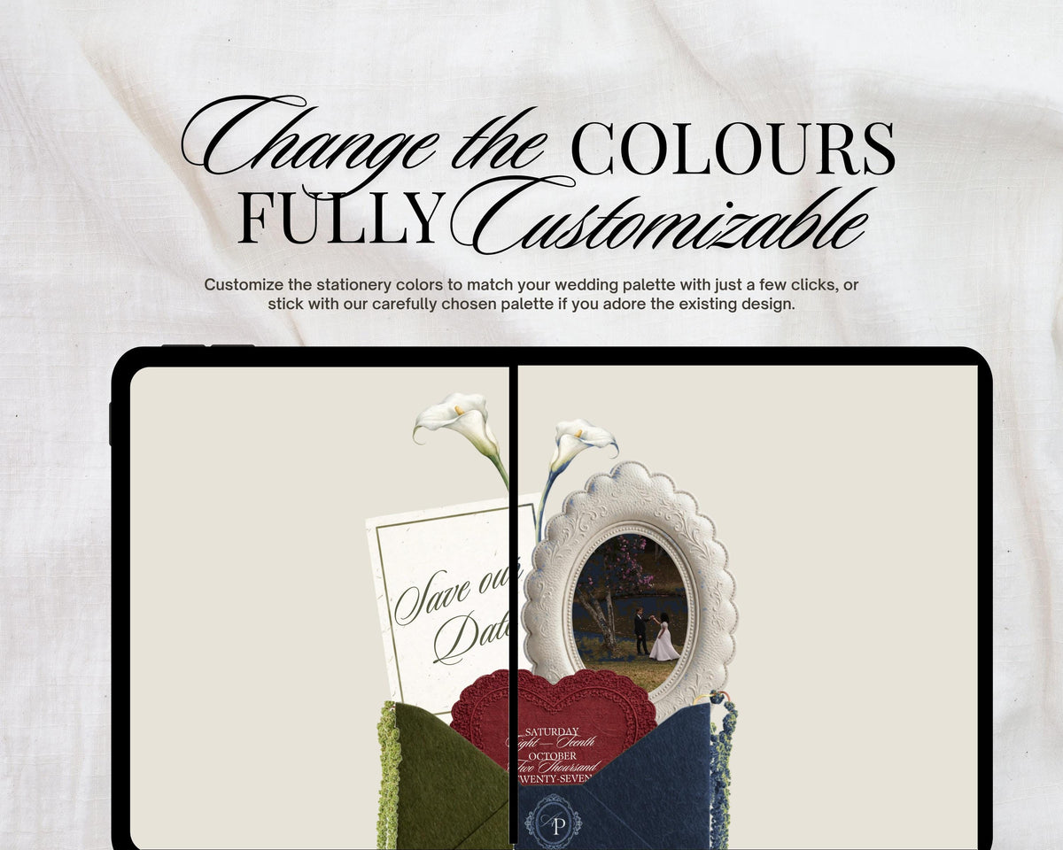Change the colours — the same save the date design shown in two colourways, olive green and navy, split across one tablet screen.