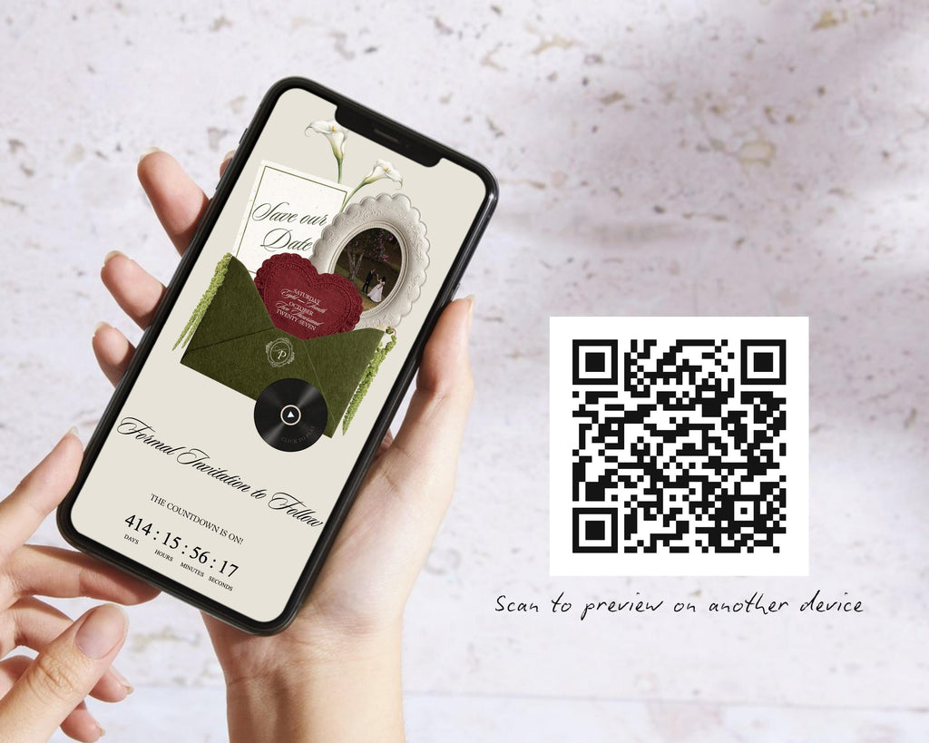 Hand holding a phone showing the olive green save the date website, with a QR code to preview it on another device.