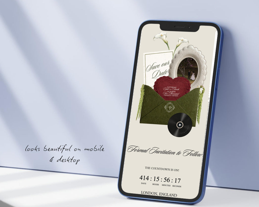 Olive green save the date website on a standing phone, looking beautiful on both mobile and desktop.