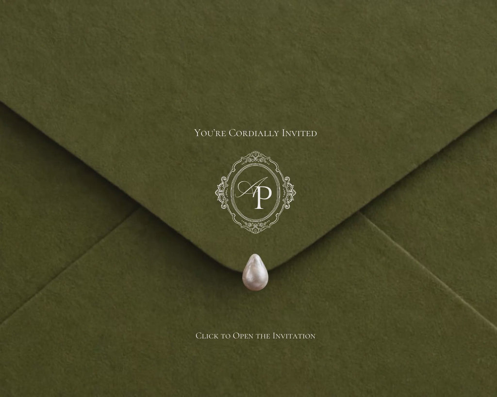 Olive Green Classical save the date website — the olive envelope opens to the animated invitation with a live countdown and music player.
