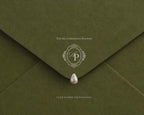 Olive Green Classical save the date website — the olive envelope opens to the animated invitation with a live countdown and music player.