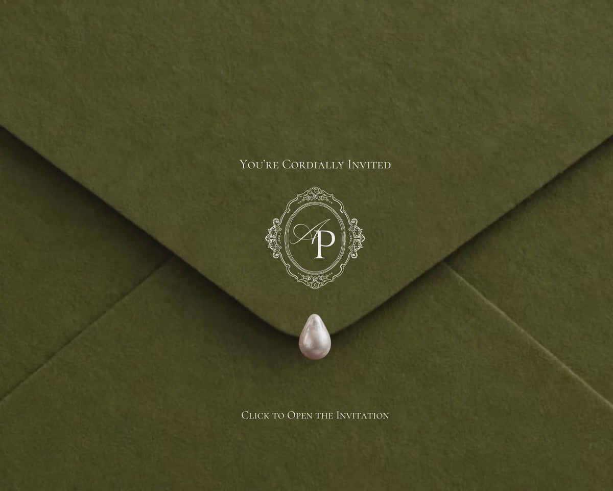Olive Green Classical save the date website — the olive envelope opens to the animated invitation with a live countdown and music player.