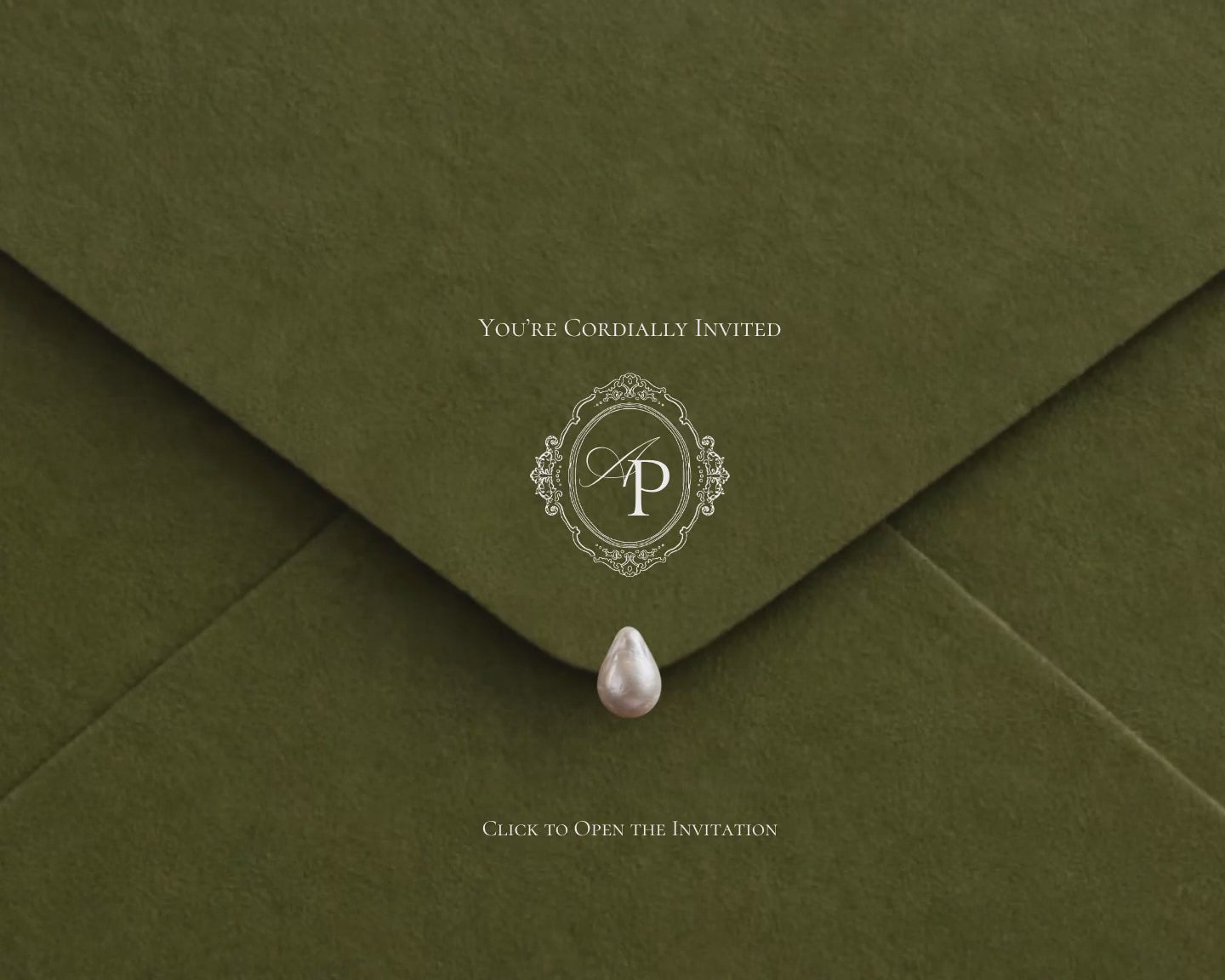 Olive Green Classical save the date website — the olive envelope opens to the animated invitation with a live countdown and music player.