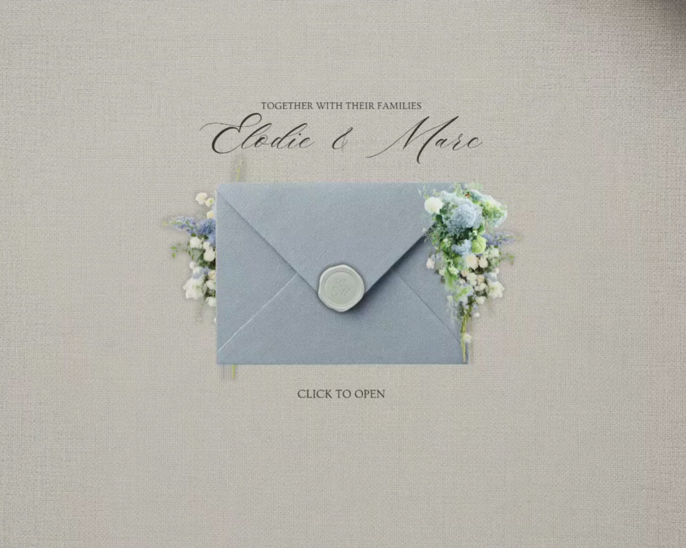 Dusty Blue French Toile wedding website — the animated envelope opening on a phone