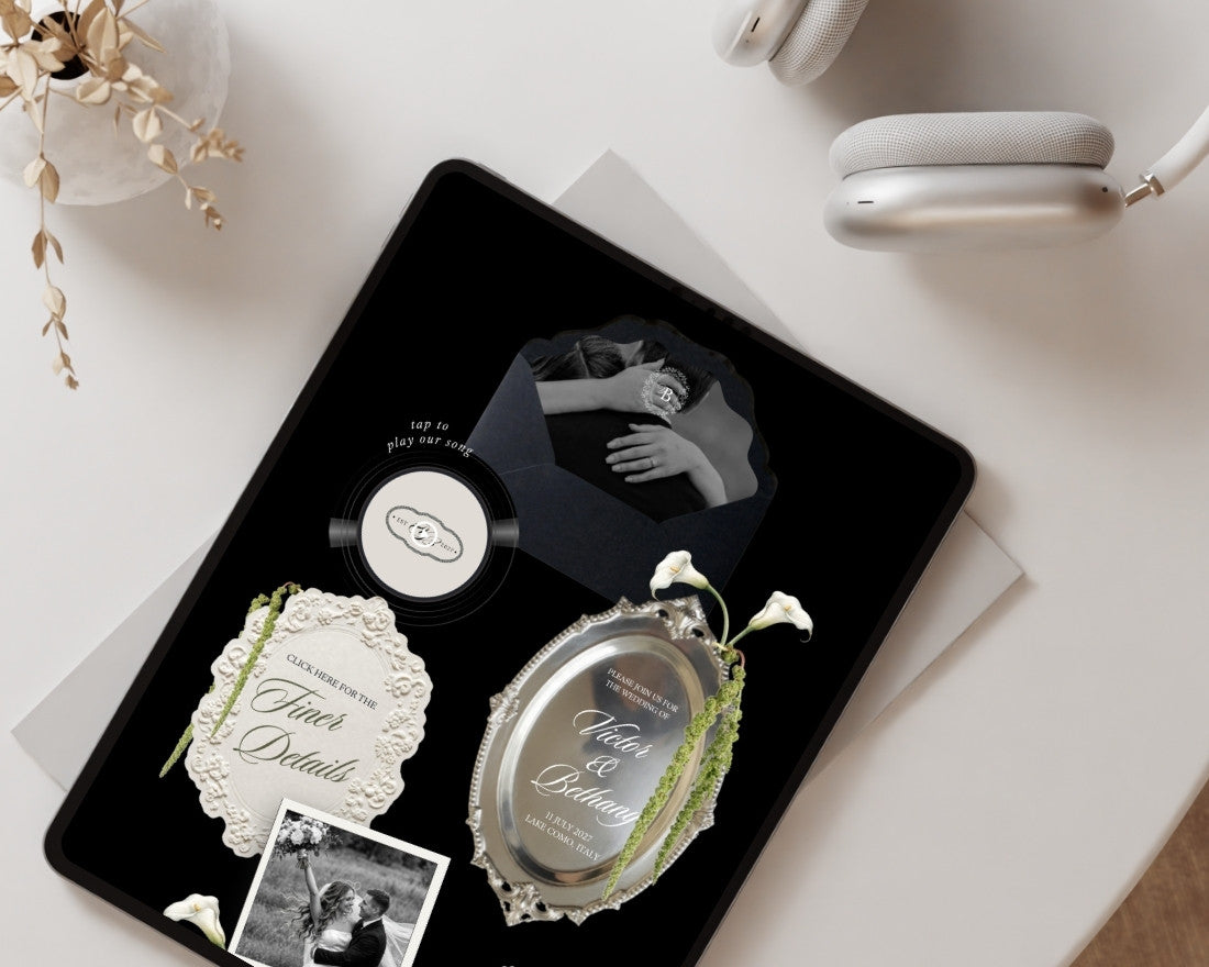 Black & White wedding website shown on a tablet flat-lay with headphones