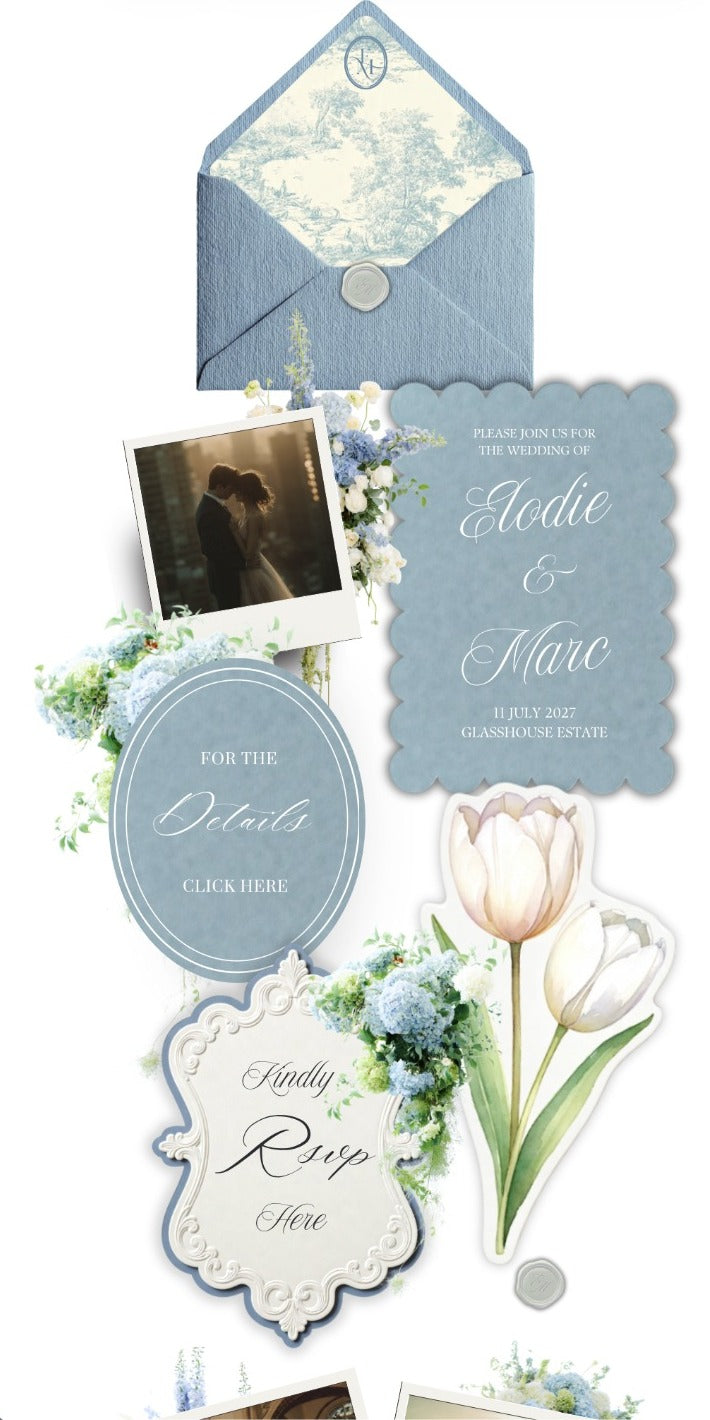 Dusty Blue French Toile wedding template shown on a phone